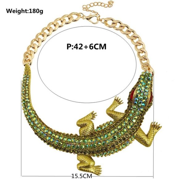 Fashion Green Rhinestone Crocodile Statement Necklace for Women - Punk Gothic Bi - Picture 2 of 6